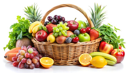 Basket of fresh fruits and vegetables with apples, oranges, grapes, pineapple, bananas, and more