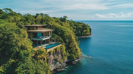 Exclusive oceanfront home with minimalist architecture, infinity pool blending seamlessly with the horizon, lush tropical surroundings, perfect for elite buyers.  