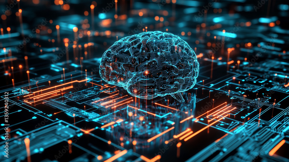 Poster artificial intelligence. computer mind. quantum processor abstract concept 3d illustration. digital 