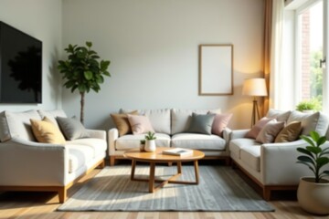 Blurred living room background with cozy furniture and soft lighting,  indoor,  cozy