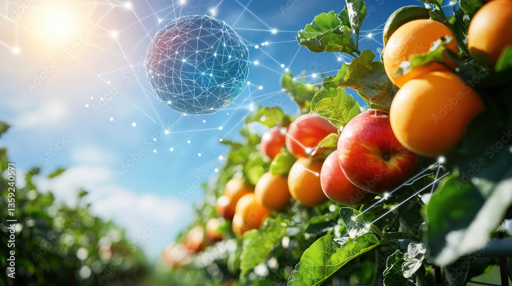Poster futuristic fruit farm powered by clean energy features vibrant oranges and apples under digital netw