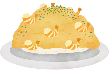 Omelet and shrimp watercolor texture illustration