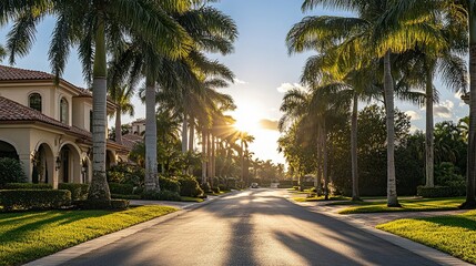 Fototapeta premium Exclusive palm-lined boulevard, luxury residences with tropical facades, bright sunlight filtering through palms 