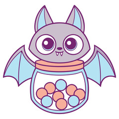 Cartoon Bat with Candy Jar. Purple eyes, Small Fangs, Open Wings, Outlined