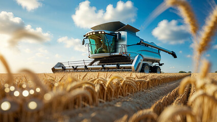 Fototapeta premium Harvesting wheat using a modern combine harvester in a sunny field under blue skies during late afternoon