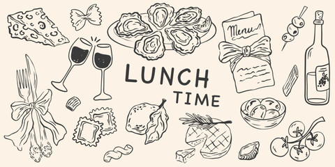 Minimalist hand drawn food and drinks illustration. Sketch launch icons in crayon drawing style. Vector of wine, oysters, pasta, cheese. Doodle mediterranean food. La dolce vita italian style