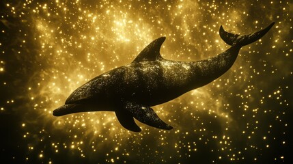 A dolphin diving back into the glowing ocean, sending droplets of golden water into the air
