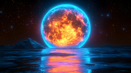 A glowing planet illuminates a dark landscape Celestial reflection glistens on water under a starry night sky