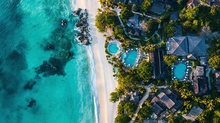 Expansive aerial view of a Caribbean beach resort, lush landscaping, sprawling pools near white sand beaches, ocean glistening under bright sunlight.  