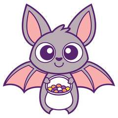 Cartoon Bat Cute Gray Bat With Candy Bowl, Spooky, Outline, Isolated