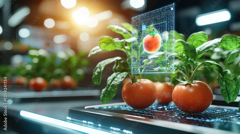 Fototapete futuristic fruit packaging system with AI driven quality control displays holographic image of tomato. advanced technology ensures optimal freshness and efficiency