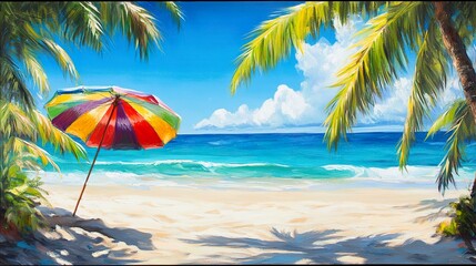 Fototapeta premium Florida beach scene, cheerful colorful umbrella set against turquoise waters, lush palms framing the sandy shoreline, sunny and inviting 