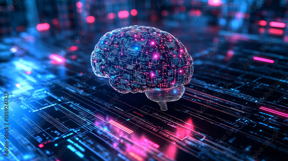 Poster artificial intelligence. computer mind. quantum processor abstract concept 3d illustration. digital 