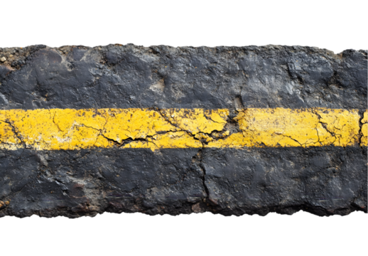 Road surface texture detail with cracked yellow line on asphalt, road marking background.
