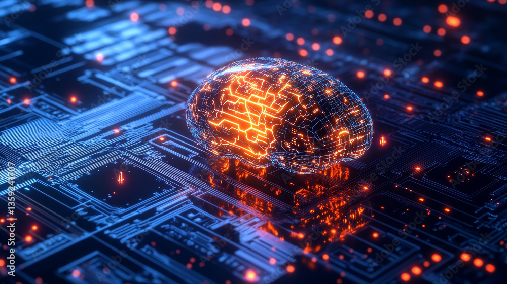 Poster artificial intelligence. computer mind. quantum processor abstract concept 3d illustration. digital 