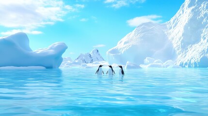 Fototapeta premium Three penguins waddle in icy waters, surrounded by majestic icebergs under a bright blue sky, capturing the serene beauty of a polar landscape.