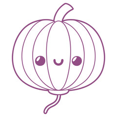 Cute Kawaii Pumpkin Outline, Smiling Face, Purple Lines Isolated On White Background
