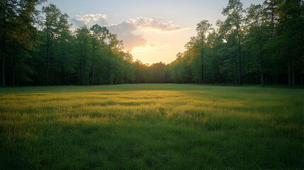 Obraz premium A golden sunset fills the forest meadow with light Trees flank the field Sky is partly cloudy Bright and natural scen