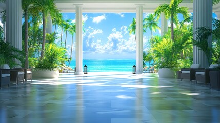 Grand beach resort lobby featuring open spaces, marble floors, tropical greenery, and ocean breeze flowing through, vibrant turquoise water visible beyond, contemporary luxury. 