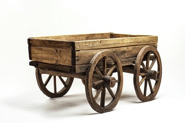 A rustic wooden cart sits isolated on a clean white background