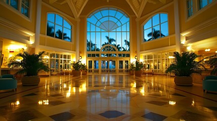 Obraz premium Grand hotel lobby, spacious with high ceilings and panoramic windows, elegant beach-inspired decor and soft lighting enhancing the ambiance 