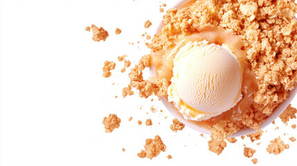 Delicious apple crumble with crispy streusel topping and creamy ice cream