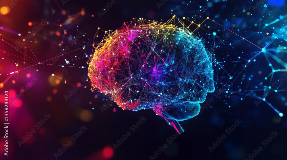 Poster global network 3d illustration. visualization of neural connections in artificial intelligence. abst