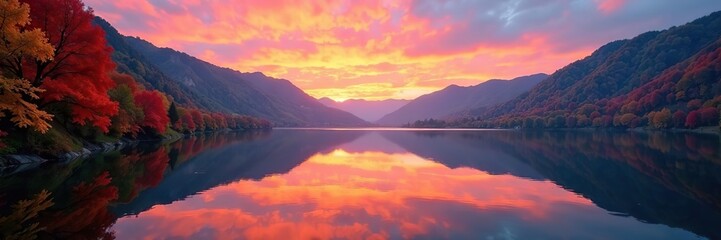 Fototapeta premium Fantastic autumn sunset over calm Hintersee lake with vibrant orange and pink hues reflected on the water surface, surrounded by colorful autumn foliage on the banks, calm, colorful