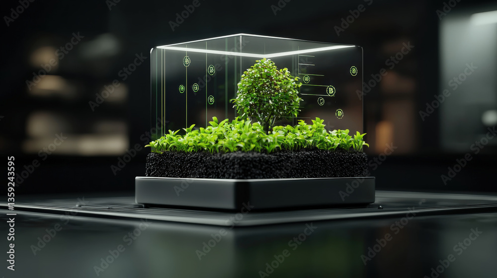 Poster small tree and plants are enclosed in transparent cube, symbolizing high tech green infrastructure c
