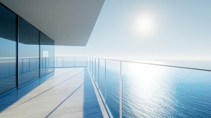 Obraz premium High-rise balcony with direct ocean sightline, glass railings reflecting sunlight, airy summer ambiance, low-angle shot showcasing horizon dominance. 