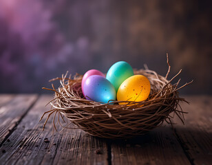 Fototapeta premium Colorful Glowing Eggs in Nest on Wooden Table
