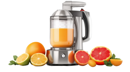 Citrus Fusion: A vibrant close-up showcases a high-powered juicer surrounded by an array of fresh citrus fruits, visually celebrating the goodness of health and natural ingredients.
