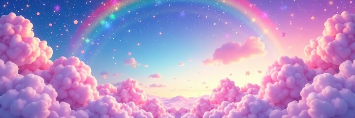 Fantasy rainbow unicorn background with clouds and stars, pastel color sky, magical landscape, abstract fabulous pattern, cute candy wallpaper, vector,  fabulous,  landscape