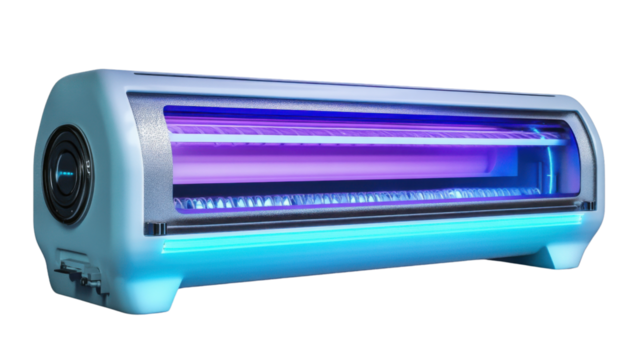 UV Light: A contemporary depiction of a stylish UV light emitting a cool blue and purple glow, its sleek design showcasing advanced technology and innovation.