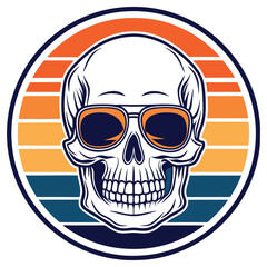 Skull with Sunglasses in Retro Circle, Vintage, Halloween, Summer, Cool, Dead, Fun