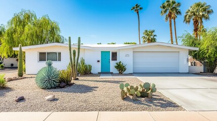 Fototapeta premium Iconic midcentury modern house, white walls and aqua door, minimalist landscaping with palms and cacti, vibrant summer desert light 