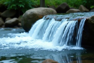 Naklejka premium Fast flowing water cascading down, abstract, aqua