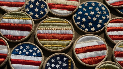 Naklejka premium A collection of beautifully crafted embroidered patches featuring the American flag in various styles, perfect for jackets, backpacks, and patriotic accessories.