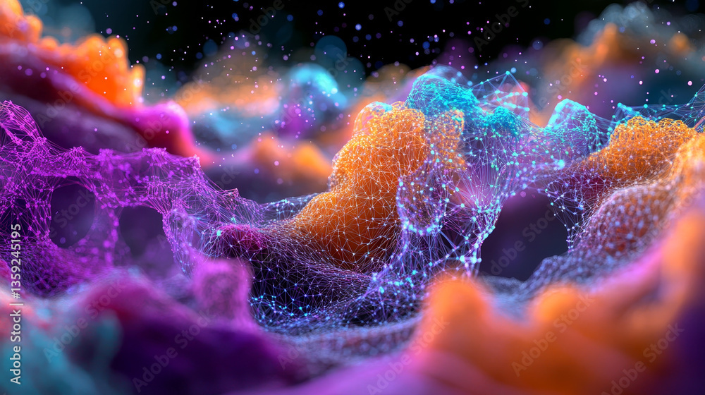 Poster wireless technologies, cryptography, cyberspace, neural network 3d illustration. big data concept. g