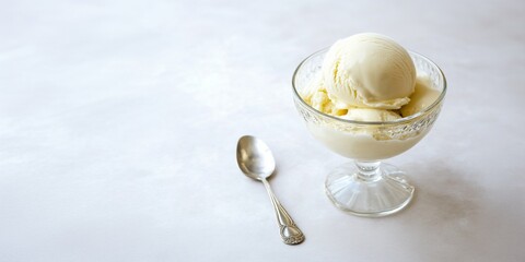 Dessert cup filled with vanilla ice cream scoops on light background. White ice cream. Dessert cup and spoon. Image for food, desserts and summer themes