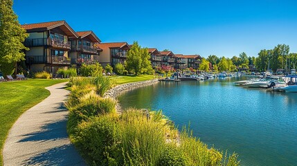 Obraz premium Idyllic summer view, sandy park meeting Lake Pend Oreille, waterfront condominiums with marinas full of boats, vibrant greenery, calm water, expansive wide shot. 
