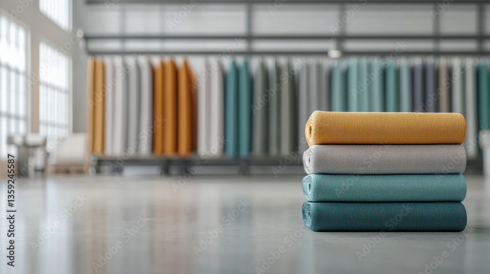 Poster stack of colorful fabric rolls is neatly arranged on polished floor in modern textile factory, with 