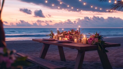 Intimate seaside dinner, wooden table with floral and candlelit decor, beach sand below, ocean and dusk sky blending 