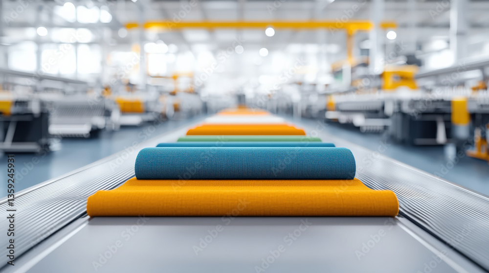 Leinwandbilder Colorful rolls of fabric are neatly arranged on conveyor belt in modern textile production line, showcasing automation and efficiency in bright, spacious factory setting