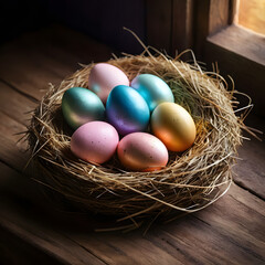 Obraz premium Colorful Eggs in a Nest by the Window