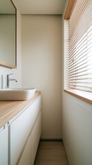 Modern bathroom interior with light tones and natural wood