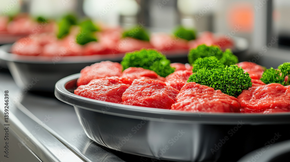 Poster fresh cuts of raw beef are neatly arranged in black trays, garnished with vibrant green parsley, cre