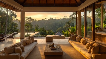 Lavish villa with open interiors leading to a cozy outdoor lounge, soft earthy tones, lush tropical backdrop, serene golden light