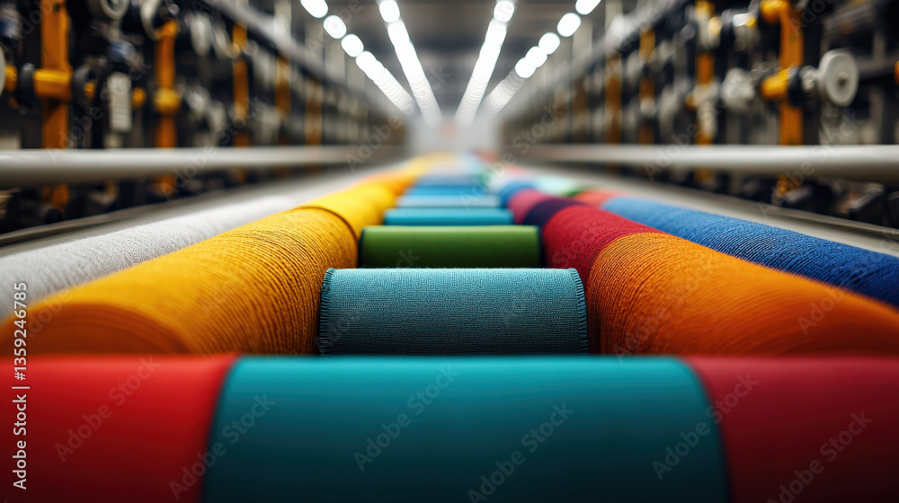 Aufkleber row of colorful textile rolls in modern factory setting, showcasing vibrant hues and industrial precision. perspective emphasizes depth and symmetry, creating dynamic visual effect