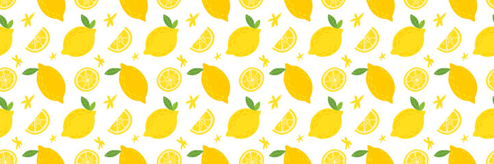 Seamless pattern with hand drawn lemons and slices on white background. Print for fabric, wallpaper, covers, clothes, posters, cards, banners etc.